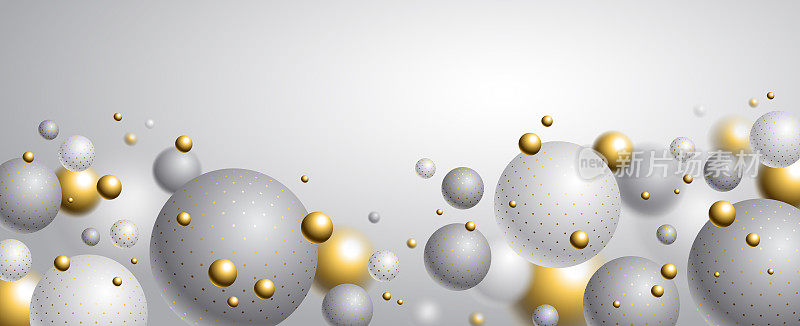 Abstract spheres vector background with blank copy space, composition of flying balls decorated with dots, 3D mixed realistic globes, realistic depth of field effect.